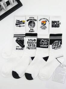 8 Pairs Men's Personality Letter Striped Street Style Skateboard Students Sports Mid-Calf Socks, Unisex