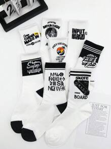 8 Pairs Men's Personality Letter Striped Street Style Skateboard Students Sports Mid-Calf Socks, Unisex