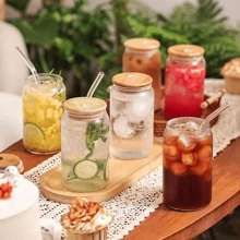 Glass Cup With Lid & Straw, Mason Jar Style Iced Coffee Cup, Suitable For Tea, Juice, Milk, Birthday Gift, Drinkware - Glass - View 2