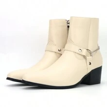 Fashion Men's High Heel Pointed Toe Chelsea Boots With Chain Design - 白色 - 查看 2