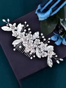 1pc Rhinestone Embellished Bridal Hair Comb With Faux Pearl & Gemstone Decoration, Unique Wedding Hair Accessory Royal Elegant Tiaras Valentine's Day Accessories - Silver - View 5