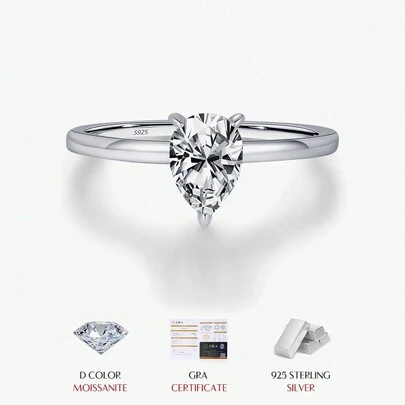 MODIAN 925純銀D色梨形碳化矽戒指水滴實驗室鑽石女式結婚婚禮珠寶