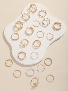 22 Piezas / Set Anillos De Diseño Geométrico De Círculo Simple Y Hueco, Tono Dorado, Conjunto De Joyas Para Apilar - Dorado - Ver 4