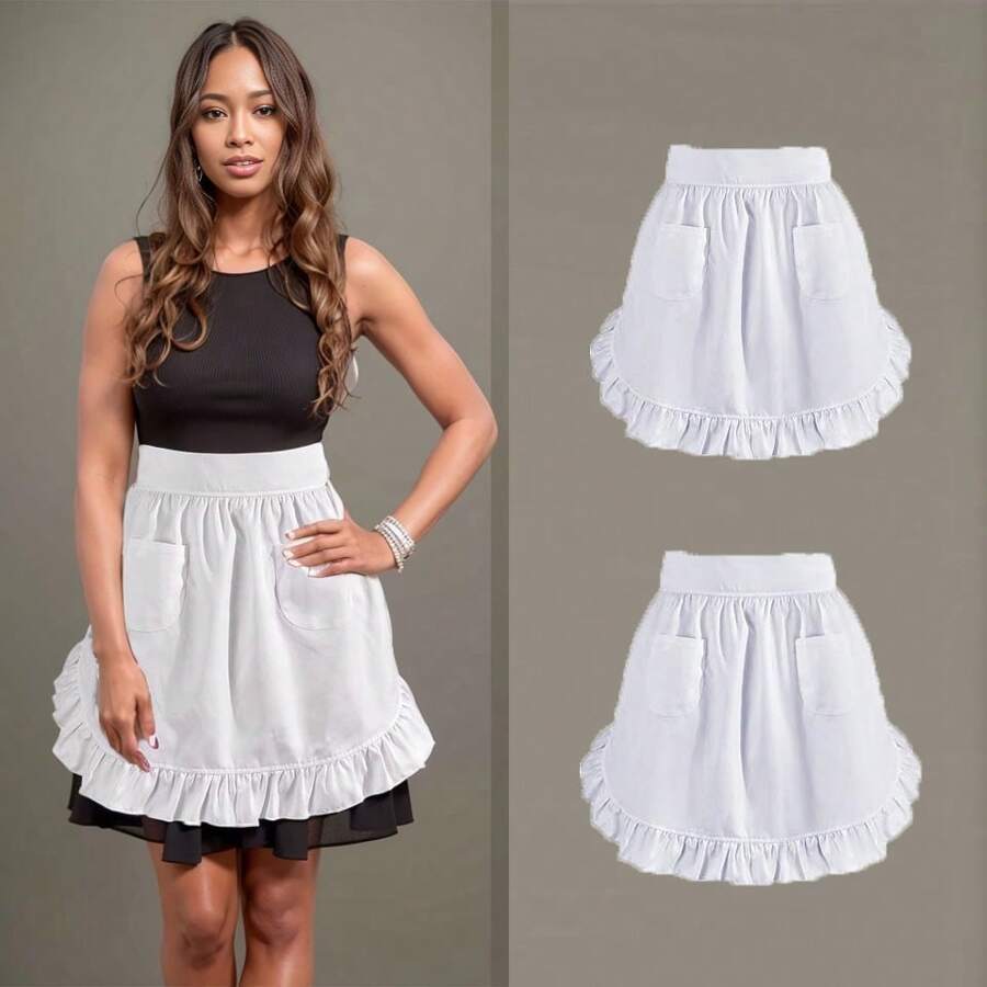 2pcs Vintage Style Waist Apron With Pleats, Cute Half Maid Apron With Pockets For Women Chef Waitress Cooking - One Size - View 1
