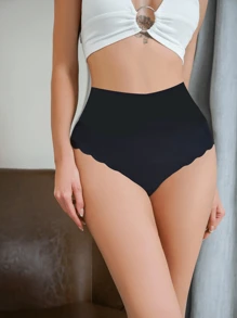 3Pcs Seamless High Waist Women's Panties Solid Color Scallop Trim Women's Underwear Sexy Thongs, Smooth Plain Panties Highly Elastic Female Underwear, Black