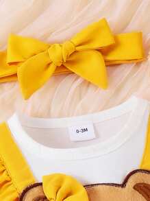 2 Stück Baby Mädchen Sommer Bodysuit-Kleid mit Kappärmel, Cartoon Puppen Blumen Stickereien Bodysuit mit Stirnband Sets