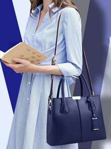 Women Classic Top Handle Satchel Bag PU Leather Handbag Shopper Work Crossbody Tote Bag With Shoulder Strap - Navy Blue - View 2