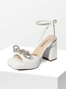 Women Platform Heeled Sandals With Double Bowknots Crystal Decor Fashion Square Toe Chunky High Heeled Sandals For Wedding Prom - 白色 - 查看 2