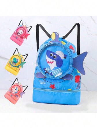 1入男女童游泳袋，可愛的卡通背包，便攜式雙層乾濕分離防水收納袋