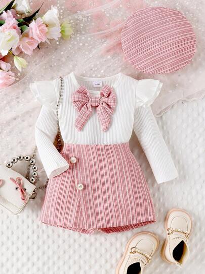 Set de 2 piezas de top de manga larga y pantalones cortos con sombrero de estilo universitario elegante para bebés niñas, primavera/otoño