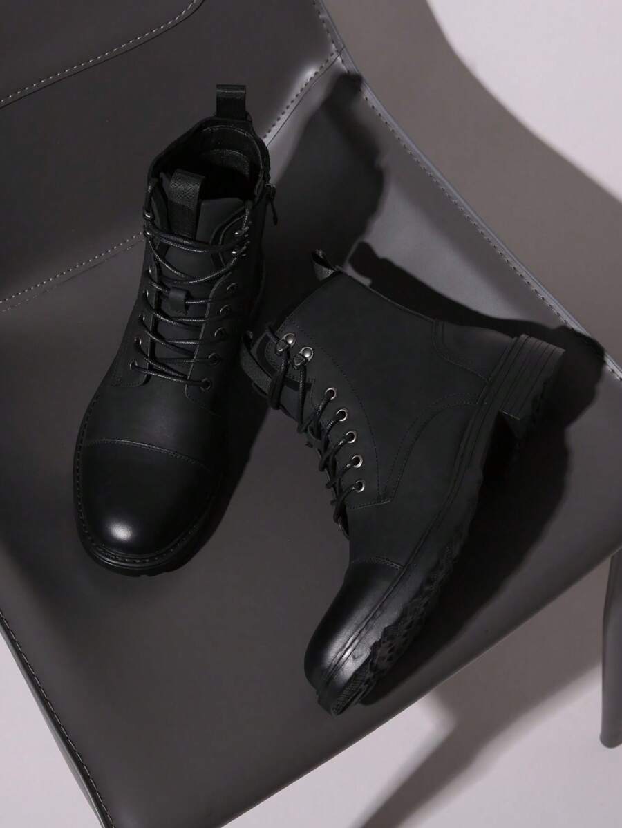 SHOESMALL男士時尚切卡舒適時尚摩托車休閒靴，簡單系帶深啡 / 黑色Pu靴 - BMY8033A-黑色 - 查看 1