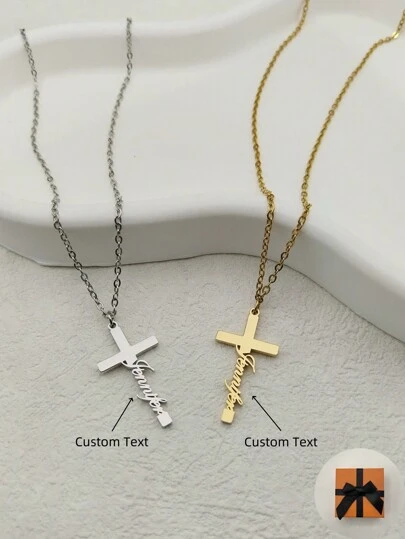 1pc Personalized Stainless Steel Cross Name Initial Necklace, Minimalist Style, Suitable As Festival Gift, Unisex, Daily Wear - Gold Color Gold,Silver Stylish,Fall Fashion,Vintage,Contracted,Simple,Unisex,Old Money,Casual Custom,Personalized,Unique Ideal Gifts For Him Her,Boyfriend,Girlfriend,Dad,Mom,Family,Pets,Friends,Son,Daughter,Grandparents For Anniversaries,For Valentine's Day,For Mother's Day,For Birthdays,For Father's Day,For Graduation,For Weddings,For Daily Wear,For Party,For Prom Valentines