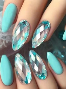 24 cái/bộ Miếng dán nghệ thuật móng tay hình quả hạnh màu trơn, Móng tay giả hình kim cương trong suốt, bóng & thanh lịch, dành cho phụ nữ/bé gái Đồ dùng làm móng - màu xanh lá - Xem 2