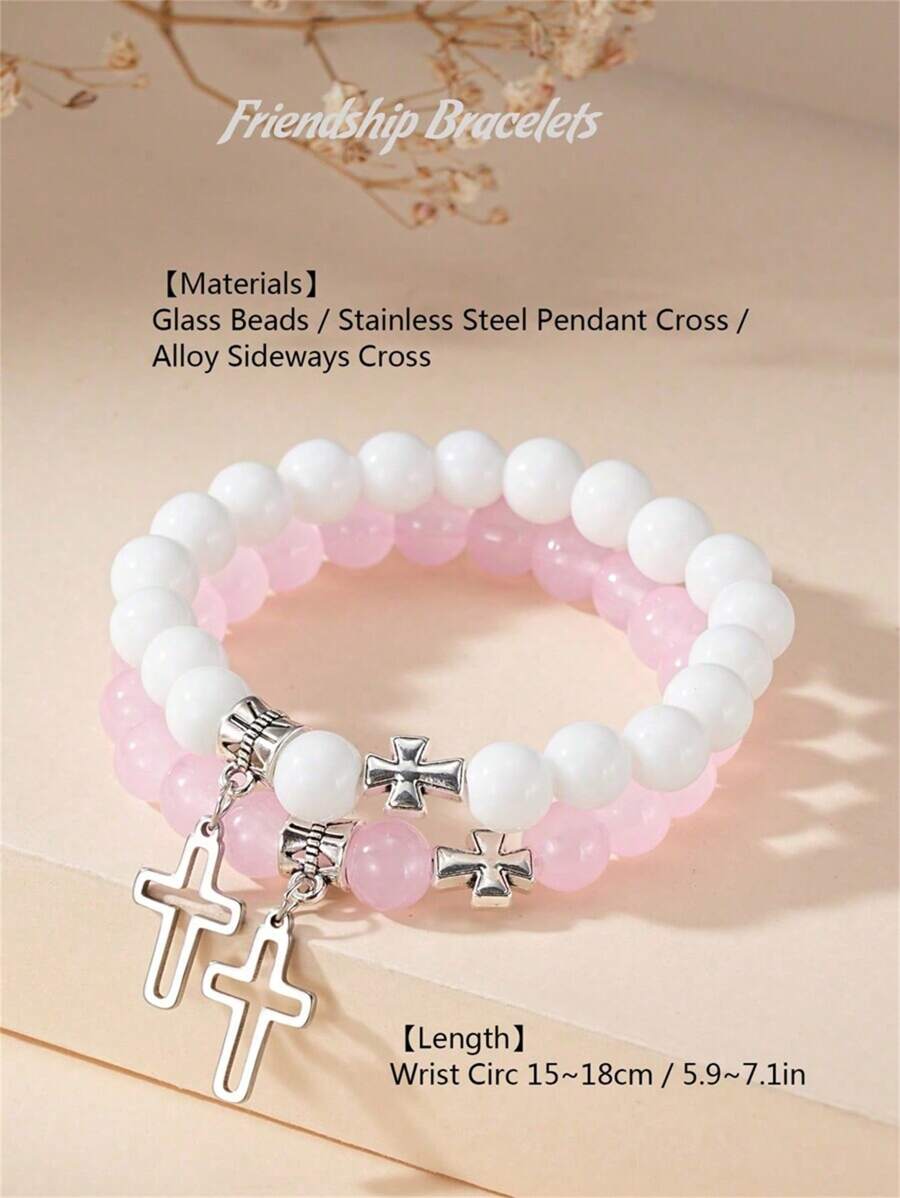 2pcs Cross Matching Bracelets For Bf And Gf 2 3 Best Friend Friendship Bracelets For Women Men Couple Glass Beads Pendant Sideways Bangles