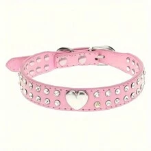 1Pc Bling Rhinestone Decor Heart Ornament Dog Collar Durable Leather Dog Collar, Perfect For Puppies And Small Dogs - Pink - View 7