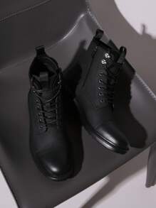 SHOESMALL男士時尚切卡舒適時尚摩托車休閒靴，簡單系帶深啡 / 黑色Pu靴 - BMY8033A-黑色 - 查看 4