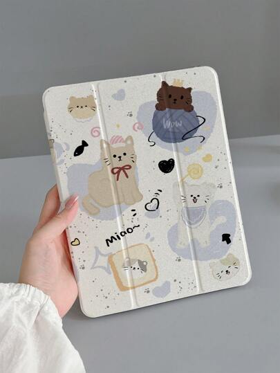 1pc Cute Cartoon Cat (Pen Not Included) TPU Tablet Case With Full Coverage Compatible With Apple IPad, Anti-Drop