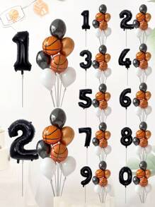 10pcs Basketball Themed Balloon Set, Including 32-Inch Black Number Balloon And 18-Inch Basketball Aluminum Foil Balloon, Ideal For Birthday Party Decoration, Christmas - Multicolor - View 1
