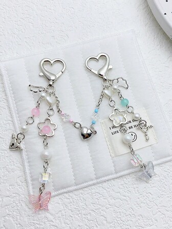 2pcs Women Y2K Handmade Beaded Pendant Charm, Heart-Shaped Magnetic Wing Bag/Key Chain Decor, Gift For Couples, Best Friend, Family, Valentine's Day Valentines Car Accessories Bag Charm School Cute Goth