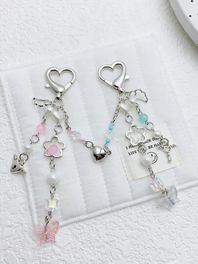 2 件女式 Y2K 手工串珠吊坠饰品，心形磁性翼包/钥匙链装饰，适合情侣、好友、家人、情人节礼物，情人节汽车配件包饰，学院风可爱哥特风