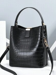 Large Capacity, Lightweight, Portable And Casual, Fashionable Mini Crocodile Embossed Top Handle Bucket Bag Crocodile Embossed Bucket Bag, Faux Leather Shoulder Bag Women's Fashion Crossbody Bag, Mother's Day Gift For Mom, Suitable For Girls, Women, College Students, Rookies A Must-Have For White-Collar Workers In Autumn And Winter, For Work, Office, Commuting, College, Autumn And Winter Women's Wallets, Retro Crocodile Leather Bucket Bags, Women's Crocodile Pattern Handbags, Large-Capacity Casual Crocodile Shoulder Crossbody Bags, Women's PU Wallets - Black - View 5