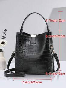 Large Capacity, Lightweight, Portable And Casual, Fashionable Mini Crocodile Embossed Top Handle Bucket Bag Crocodile Embossed Bucket Bag, Faux Leather Shoulder Bag Women's Fashion Crossbody Bag, Mother's Day Gift For Mom, Suitable For Girls, Women, College Students, Rookies A Must-Have For White-Collar Workers In Autumn And Winter, For Work, Office, Commuting, College, Autumn And Winter Women's Wallets, Retro Crocodile Leather Bucket Bags, Women's Crocodile Pattern Handbags, Large-Capacity Casual Crocodile Shoulder Crossbody Bags, Women's PU Wallets - Black - View 2