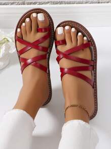 Women's Flat Cross Strap Toe Ring Slide Sandals, Casual Beach Shoes For Summer