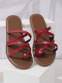 Women's Flat Cross Strap Toe Ring Slide Sandals, Casual Beach Shoes For Summer