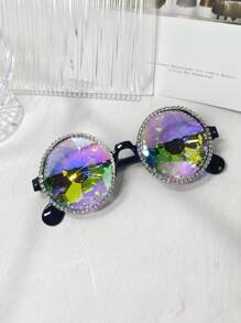 1 Peça Óculos de sol da moda feminina com armação de plástico rosa magenta vibrante, decoração de cristal de kaleidoscópio brilhante, acessório de fantasia de festa de luxo estilo Y2K, adequado para praia, festa temática, festival (óculos sem grau com pano de limpeza), acessórios de praia para mulheres, óculos escuros, básicos de roupas femininas para outono/inverno, presentes para férias na praia, ao ar livre, viagens