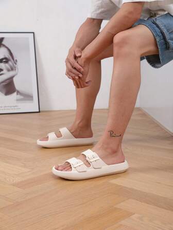 2025 Unisex Casual Double Strap Slip-On Sandals, Comfortable Non-Slip Breathable Solid Open Toe Thick Bottom Flat Beach Slippers, Lightweight Versatile Indoor Outdoor Home Casual Wear