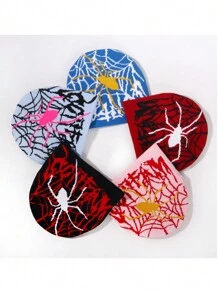 1 pieza Gorro de punto con estampado de tela de araña para hombres, estilo europeo y americano Y2K, a prueba de viento y con protección de orejas, gorro de calle de moda hip hop, unisex para Halloween