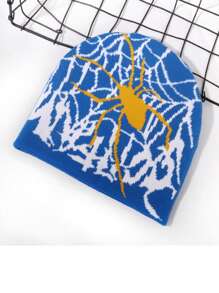 1 pieza Gorro de punto con estampado de tela de araña para hombres, estilo europeo y americano Y2K, a prueba de viento y con protección de orejas, gorro de calle de moda hip hop, unisex para Halloween