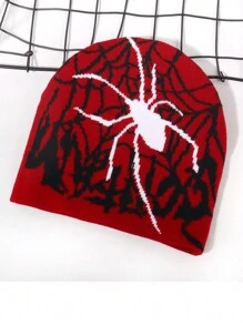 1 pieza Gorro de punto con estampado de tela de araña para hombres, estilo europeo y americano Y2K, a prueba de viento y con protección de orejas, gorro de calle de moda hip hop, unisex para Halloween