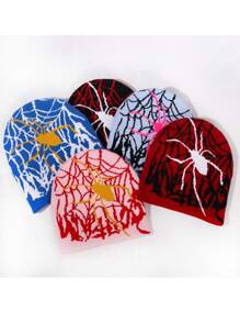 1 pieza Gorro de punto con estampado de tela de araña para hombres, estilo europeo y americano Y2K, a prueba de viento y con protección de orejas, gorro de calle de moda hip hop, unisex para Halloween