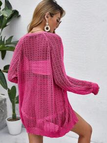 Women Crochet Lightweight Cardigan Cover Up Open Front Long Sleeve Summer Cardigans - Hot Pink - View 4
