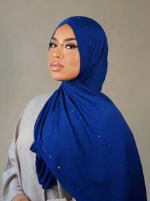 1 pièce Foulard souple en jersey unicolore avec diamants pour femmes, foulard arabe décontracté et long, couleur unie, foulard conservateur, convient pour un usage quotidien