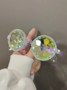 1 Peça Óculos de sol da moda feminina com armação de plástico rosa magenta vibrante, decoração de cristal de kaleidoscópio brilhante, acessório de fantasia de festa de luxo estilo Y2K, adequado para praia, festa temática, festival (óculos sem grau com pano de limpeza), acessórios de praia para mulheres, óculos escuros, básicos de roupas femininas para outono/inverno, presentes para férias na praia, ao ar livre, viagens