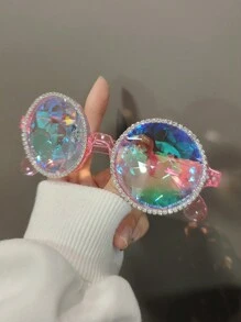 1 Peça Óculos de sol da moda feminina com armação de plástico rosa magenta vibrante, decoração de cristal de kaleidoscópio brilhante, acessório de fantasia de festa de luxo estilo Y2K, adequado para praia, festa temática, festival (óculos sem grau com pano de limpeza), acessórios de praia para mulheres, óculos escuros, básicos de roupas femininas para outono/inverno, presentes para férias na praia, ao ar livre, viagens