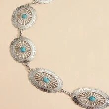 Bohemian Vintage Oval Turquoise Alloy Waist Chain For Women,  Belt For Dresses And Coats - Silver - View 2