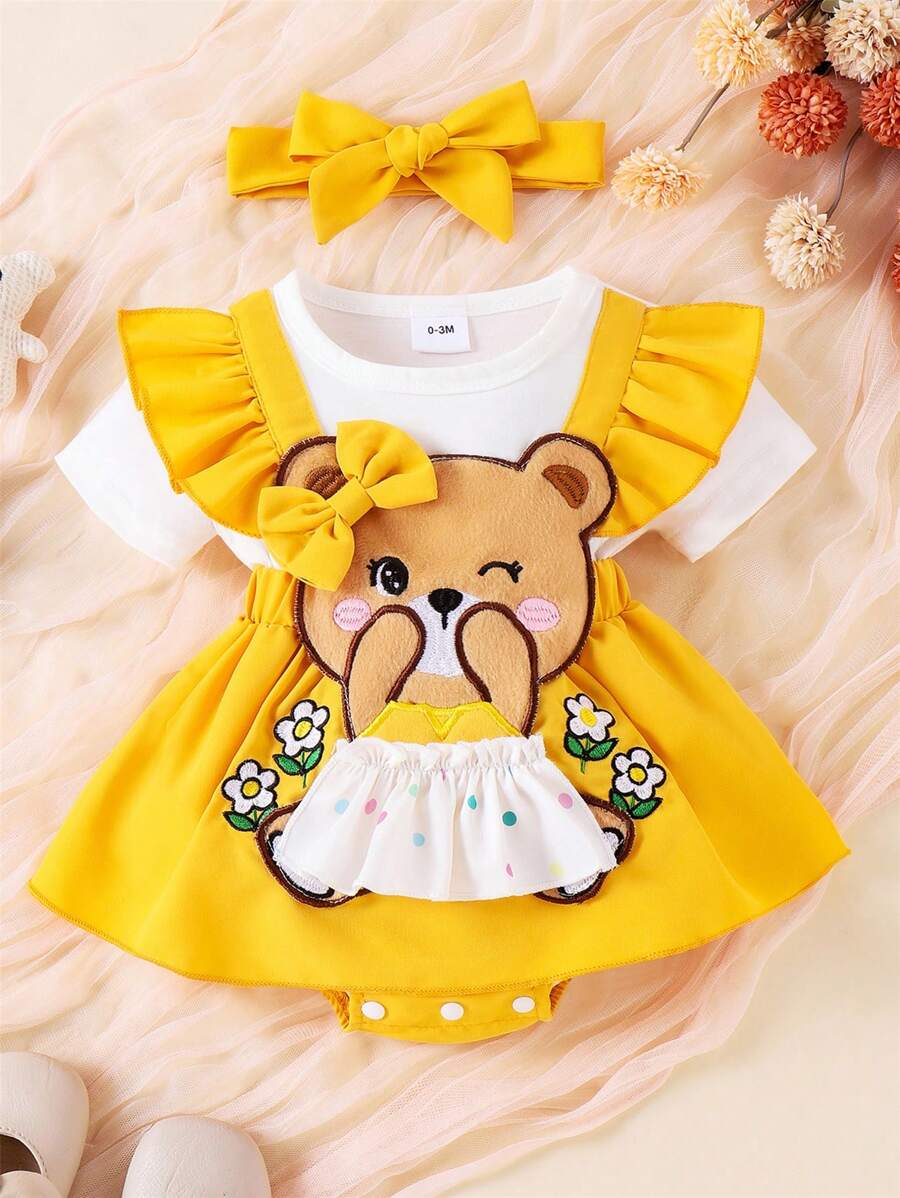 2 Stück Baby Mädchen Sommer Bodysuit-Kleid mit Kappärmel, Cartoon Puppen Blumen Stickereien Bodysuit mit Stirnband Sets