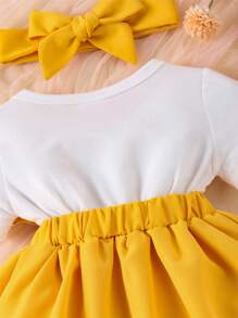 2 Stück Baby Mädchen Sommer Bodysuit-Kleid mit Kappärmel, Cartoon Puppen Blumen Stickereien Bodysuit mit Stirnband Sets