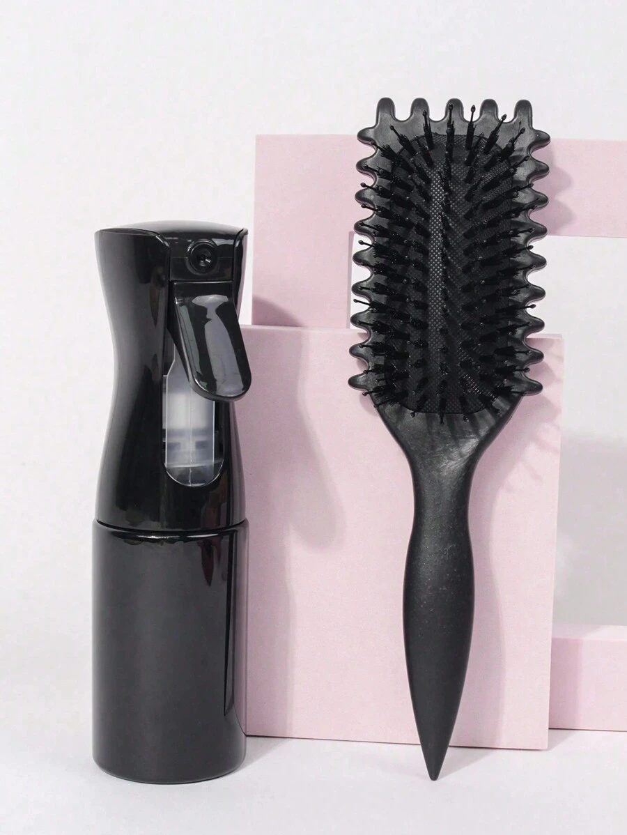 2入組捲髮梳和噴霧瓶套裝包括熨捲定型梳，200ML黑色噴霧瓶，捲髮梳，捲髮造型梳，塑造和定義女性捲曲頭髮-2024年最新野豬毛髮刷造型梳