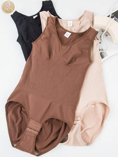 3pcs Seamless Wide Strap Bodysuit With Triangle Briefs, Crotch Opening And Abdomen Shaping Effect For Postpartum