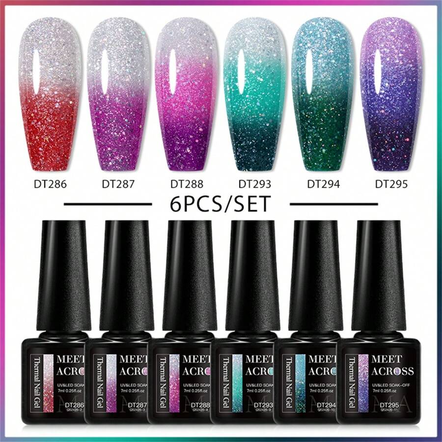 6pcs Thermal Gel Nail Polish Set,  Temperature Changing Gel Nail Polish Set, Summer 3 Layers Glitter Nail Polish, Temperature Color-Changing Semi Permanent Soak Off UV LED Nail Art Varnish Manicure Kit Nail Art DIY Home Salon Gift For Women Nail Supplies For Beginners - 彩色 - 查看 1