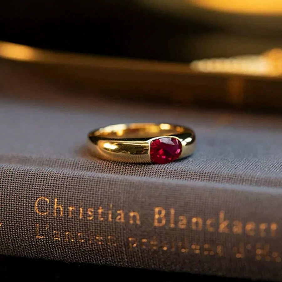 1pc Gold-Plated European And American Style Green Glass Cabochon Ring For Women - Hot Pink - View 1