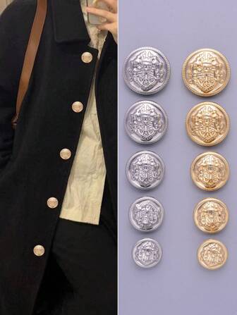 10pcs/Set Embossed Metal Button, Sculptured Design, Circular Shape, Coat, School Uniform, Clothing, Hand-Sewn Button, Simplistic Gold Button