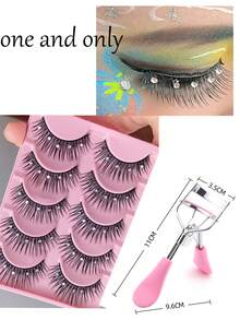 5 Pairs Sparkly Natural Role-Playing Anime Eyelashes With Rhinestones, 13mm Dramatic Comic Style False Eyelashes For Halloween/New Year Party Stage Makeup In Pink Clips Set - Pink - View 2