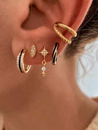 5Pcs Exquisite Gold Plated Cubic Zirconia Hoop Earrings For Women Black Enamel Ear Cuff Stud Earrings Set Fashion Jewelry