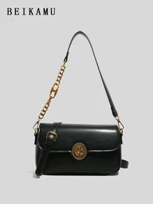 1個女士優雅的肩袋，通勤多用途方形門襟袋，可調節肩帶斜挎包 - 黑色 - 查看 2