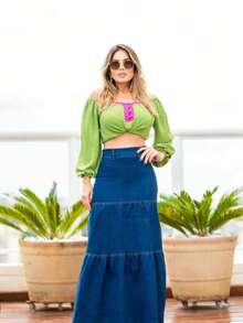 Women Denim Skirts - 深色水洗藍 - 查看 3